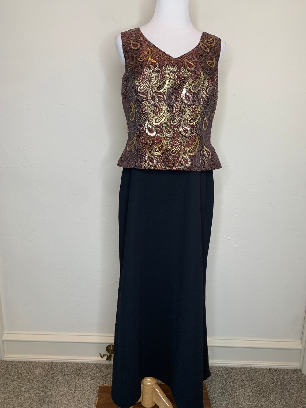 R&M Richards Metallic Gold Top Black Satin Bottom Formal Midi Dress Sz 12P